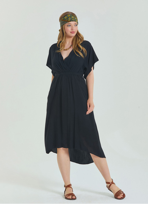 V Neck Pleated Detailed Black Casual Plus Size Dress 4606
